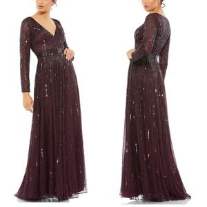 Mac Duggal New Mulberry Sequined V Neck Illusion Sleeve A Line Gown Size 16